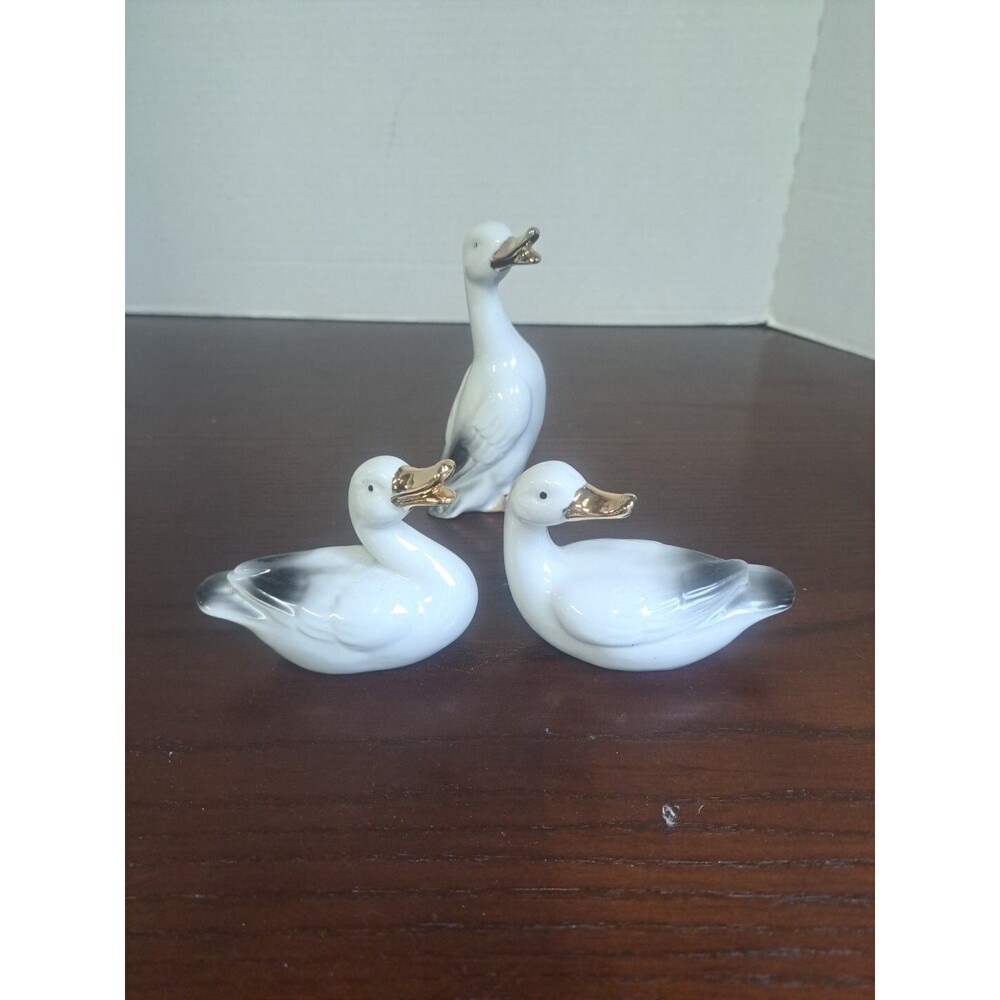 Lot Of 3 Vintage Porcelain Black And White Ducks With Gold Color Beaks